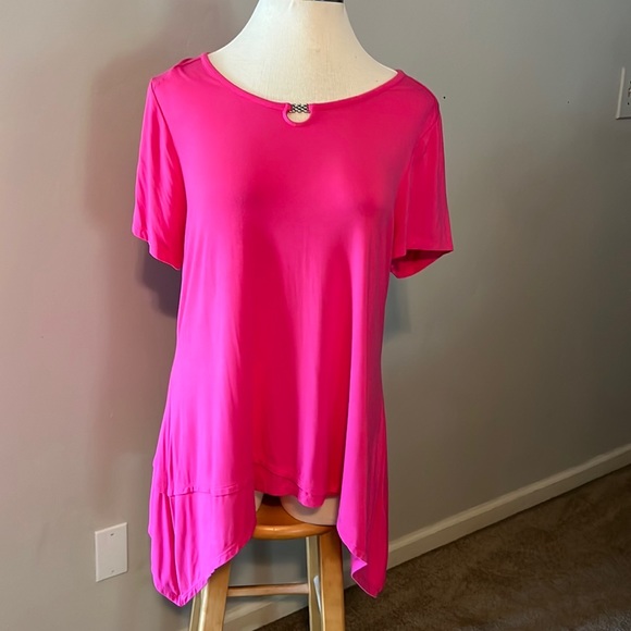 Rafaella Tops - Rafaella Bright Pink Short Sleeve Asymmetric Hem Top